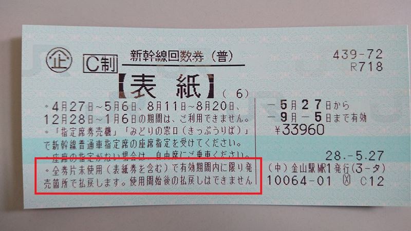 新幹線回数券の表紙
